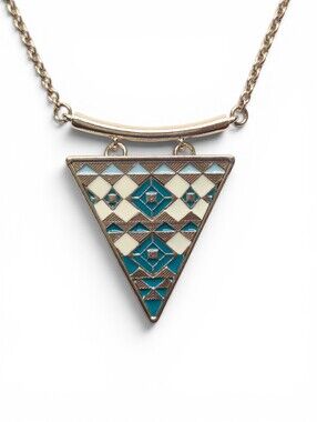 Vintage Style Goldtone & Teal Enamel Geometric Triangle Necklace